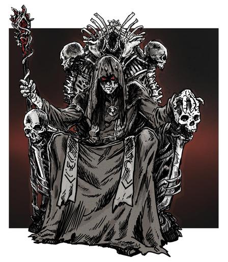 A hooded necromancer sitting on a throne made of bones.