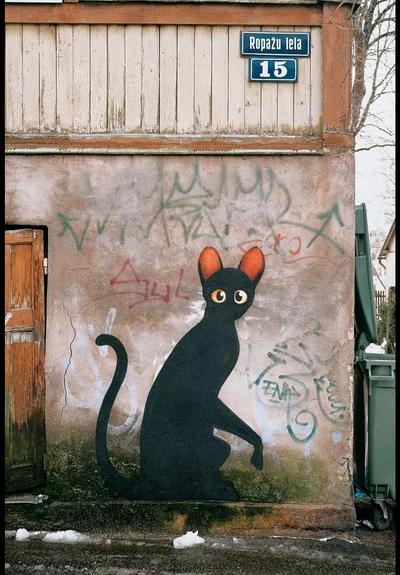 Streetartwall. A beautiful comic-style mural of a black cat has been painted on a street wall in Riga. The slender black cat with orange ears and big googly eyes sits upright and looks at the viewer in surprise.
Info: In recognition of the worldwide success of the Latvian indie animation film "Flow/Straume", which was awarded the Golden Globe. The work depicts an iconic cat from the movie.
