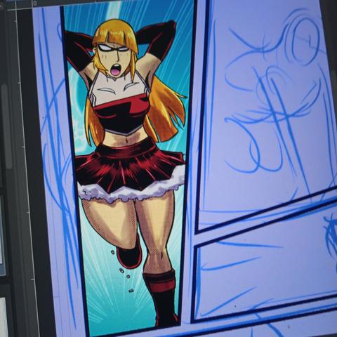 WIP of tomorrow 's Mega Maiden comic. It shows Chop Chop Princess leading forward swinging a psionic axe