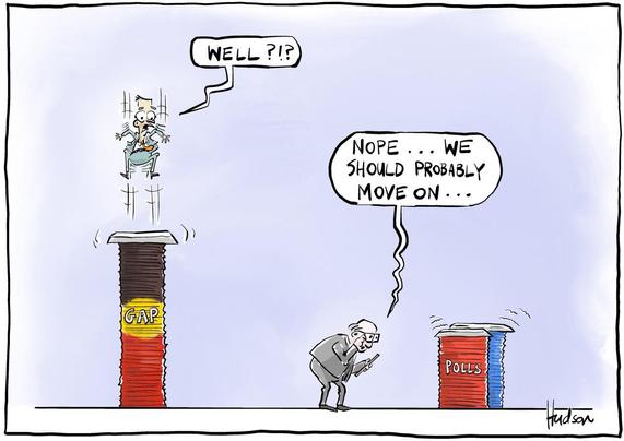 Single panel editorial cartoon titled Maybe Next Time. Shows PM Albanese jumping up and down on an elevated sprung platform trying to get it down with little impact, it is colours are the aboriginal flag and is labelled ‘GAP’. Next to him on the ground is a boffin-type man leaning forward, holding his glasses and peering at two smaller elevated sprung platforms that are twitching slightly. One is red, one blue and slightly higher, they are labelled ‘POLLS’. Albanese calls out “WELL?!?” and the boffin answers “Nope . . . we should probably move on . . .”