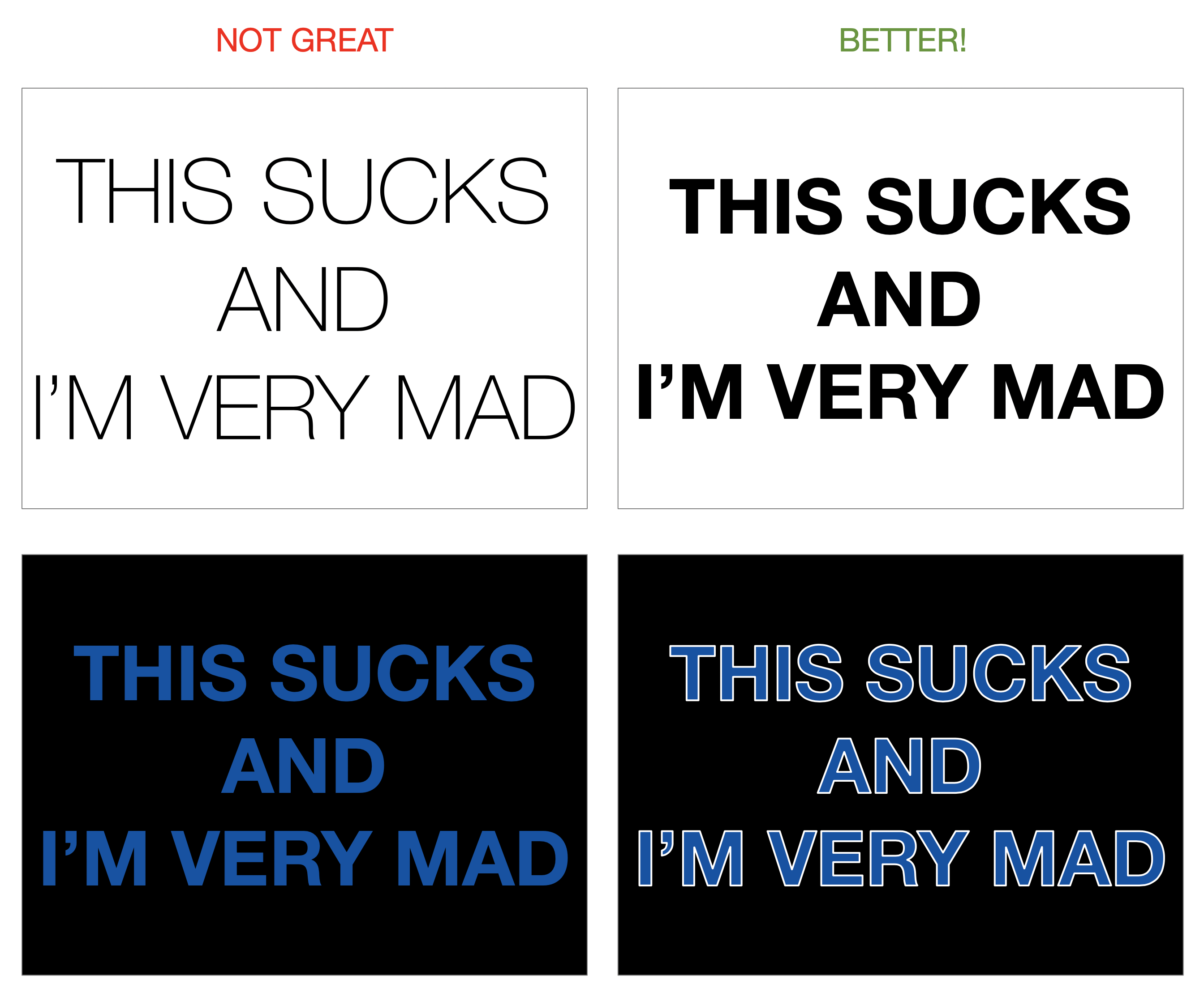 Grid of examples showing thin text vs. thick text, and low contrast text vs. background with and without an outline.