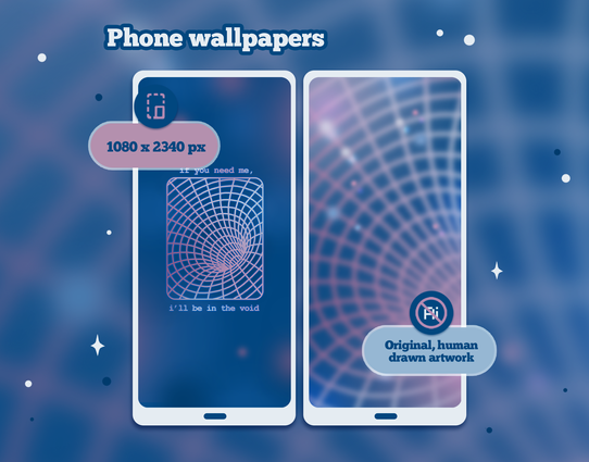 Listing image of a wallpaper set consisting of two wallpapers with a grid illustration of a black hole, one saying "if you need me, i'll be in the void"