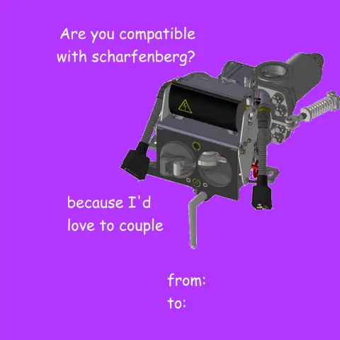 Purple card with a train coupler and white text "are you compatible with sharfenberg? because I'd love to couple. from: to:"