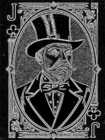 Playing card of the Jack of Clubs. The Jack is a moustached man in a black top hat and suit in a oval center cameo. The colors are inverted so that everything on the face is black except the lines which are white, like a charcoal cutout picture., giving it a retro digital appearance mixed with retro handicraft vibes.