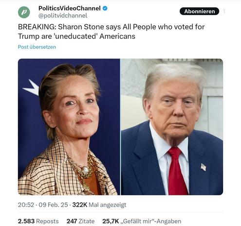 Politicsvideochannel, Sharon Stone...all people who voted for Trump are uneducated americans