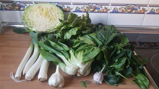 Contenido de la cesta de la semana sobre una encimera de cocina.
Arriba a la izquierda, medio repollo. En el centro una lechuga y en la parte de la derecha el tradicional montón de espinacas. :)
En el centro un Pan Choi de buen tamaño. Debajo unos ajos y a su izquierda, puerros.