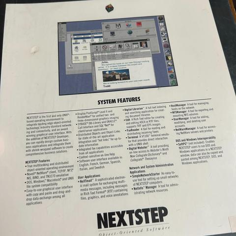 Photo of the back of the product box for NEXTSTEP 3.1. There is a desktop screenshot and some copy blurb. 

Integrated fax capabilities is one of the breakout feature points.