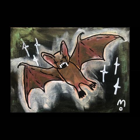 Düsteres Kunstwerk auf schwarzem Hintergrund. Fledermaus mit großen weißen Zähnen und Sternenaugen.