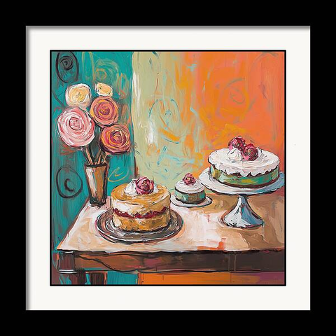 Displayed in a frame - an art print of several cakes sitting on a table with whimsical flowers in a vase. Art by Lisa S Baker.