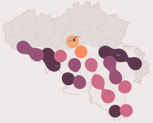Visualisation de données avec une carte de la partie francophone de la Belgique visible avec une zone linguistique identifiée par des bulles et une flèche pointant vers la bulle de Bruxelles