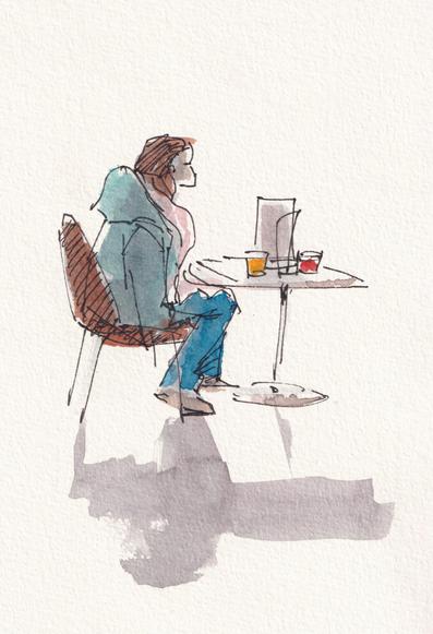 Ink and water color doodle of a girl sitting at a table in a café. Brightly colored drinks. Long shadow.
