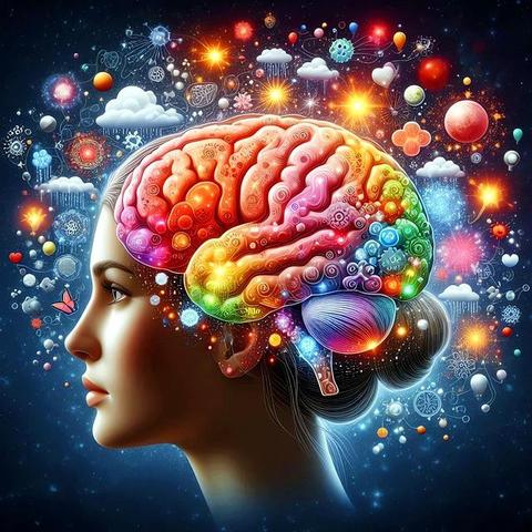 A woman with a multi-colored brain, dreaming in different colors about planets, clouds, stars, against a navy blue background.