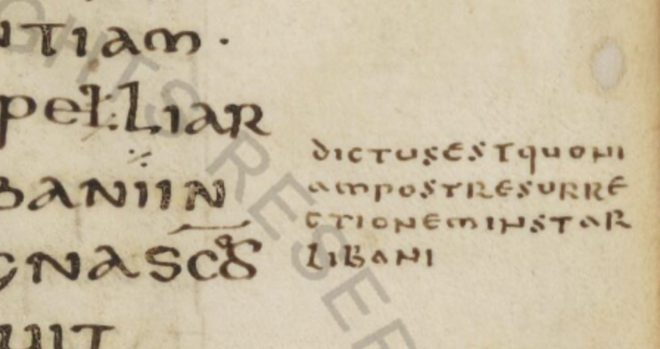 Image from a medieval manuscript, showing a snapshot of the right margin with a Latin comment (3.5 lines) in brown ink.