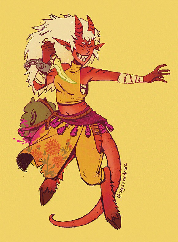 A tiefling woman with red skin and white hair. Her look is reminiscent of japanese oni demons, her legs are goat legs though. She is grinning wickedly and holding a dagger in one hand and on the same arm is still a broken manacle attached as if she broke out off somewhere. Her clothes are yellow with orange Marigold flowers on them. A severed head of a demon is attached with a rope to her side.