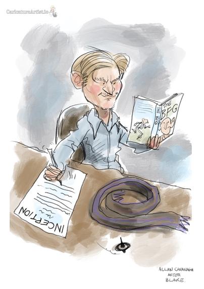 Cartoon of Christopher Nolan reading Roald Dahl's BFG while writing the script for Inception. Cartoon is roughly drawn in the style of Quentin Blake