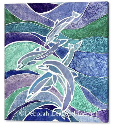 Four Playful Dolphins Batik painting. The porpoises appear to leap over one another among undulating waves of blue, green and purple. Textures created by the dye interacting with the silk canvas provide texture and dimension.

Beautiful sea creature image is perfect both as wall art and on items of home decor such as shower curtains, beach towels, yoga mats, phone cases and so much more.