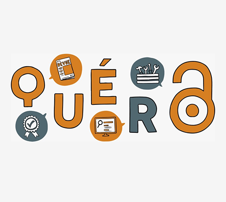 logo de Quéro avec des pictogrammes représentant une revue, un ordinateur, des outils, un badge de certification et l'accès ouvert
