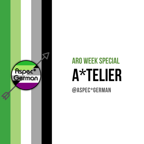 Grafik zur Aro Week 2025 von Aspec* German. Links ist die Aromantik-Flagge zu sehen, daneben das Logo von Aspec* German, das einen Pfeil und die Farben der Aro-Flagge enthält. Rechts steht in grün und schwarz der Text „ARO WEEK SPECIAL: A*TELIER“ auf weißem Hintergrund, darunter der Instagram-Handle @ASPECGERMAN.