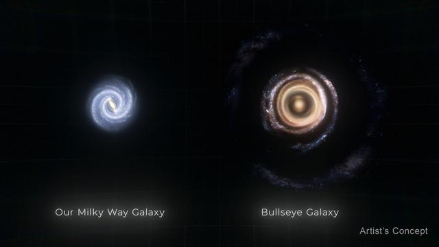 An artist's rendition comparing our Milky Way galaxy (on the left) to the newly discovered Bullseye galaxy with many rings (on the right).