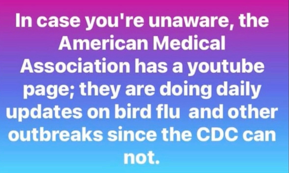 In case you're unaware, the American Medical Association has a YouTube page; they are doing daily updates on bird flu and other outbreaks since the CDC can not.