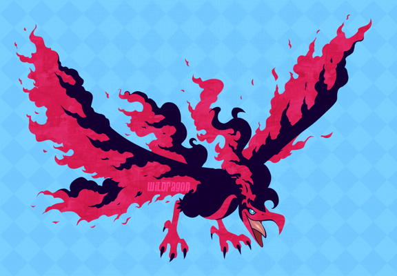 The galarian regionnal form of the Pokemon Moltres on a sky blue background.