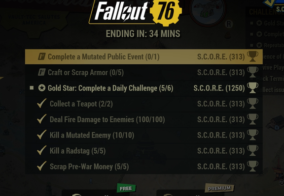 List of completed quests (5/6) but showing the last 2 behind a paywall. Completing 6 gives you a Gold Star, and you need 3 Gold Stars for a huge bonus, allowing more progress. There was a 7th quest bonus for those paying for FO1st (or during promos, etc), but now 6 & 7 are locked