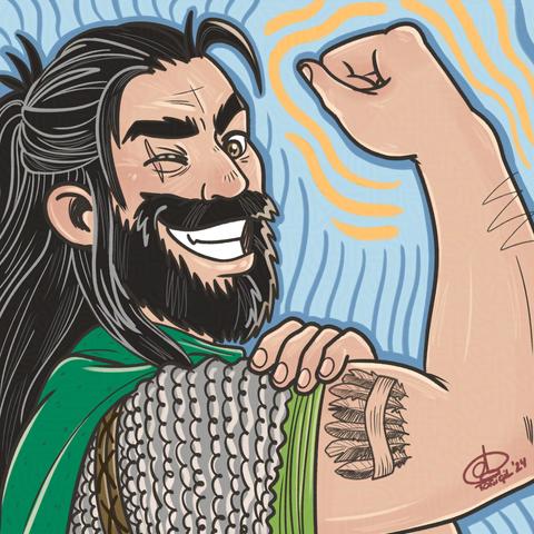 Cartoony portrait illustration of a white man in his forties with a thick black beard and long straight hair, and a scar across his right eye, the otehr one is golden yellow. He is smiling widely while he shows off a tattooed biceps on his right arm. The tattoo is a group of six feathers with a band keeping them together. The man is wearing chainmail over a green shirt and a green cape.
