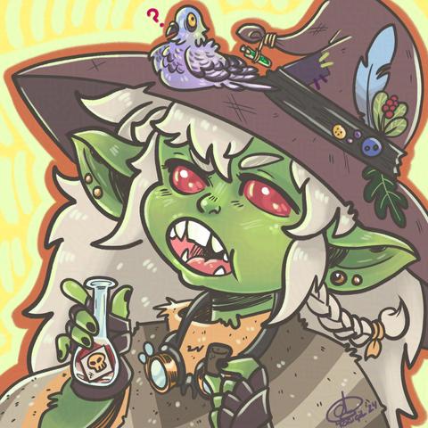 Cartoony portrait illustration of a green young goblin woman. She has red eyes with no pupils, sharp teeth and white shaggy hair with one small braid in there. She has a big witchy hat with patches and a variety of ornaments like buttons and leaves, she also has goggles hanging from her neck and wears a poncho with stripes of browns and yellows. She looks like she's talking, a bit annoyed, and opening a small bottle with a skull on the label. On top of her hat, there's a very confused looking pigeon.