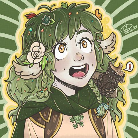 Cartoony portrait illustration of a young firbolg woman with pale skin and fluffy white ears. She looks delighted and excited with a big smile on her face. This woman has long green hair full of braids, flowers and colorful beads. Her eyes are golden yellow and big. She is wearing a brown waitcoat and a green cape over the off white shirt with green decorations. On her left shoulder is her pet nightjar, he looks serious!