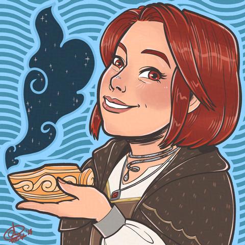 Cartoony portrait illustration of a young white woman with red hair and red eyes. She is smiling kindly while holding a golden lamp with ornaments in the shape of waves. From the lamp coms out a magical blue cloud that sparkles. The woman is wearing two necklaces: one is just a silver chain with a ruby like stone, the other is a spyral around her neck that ends in a drop shape and looks kinda rusted. She is also wearing a leather armor, white shirt and a brown cape with waves embroidered on the shoulders.