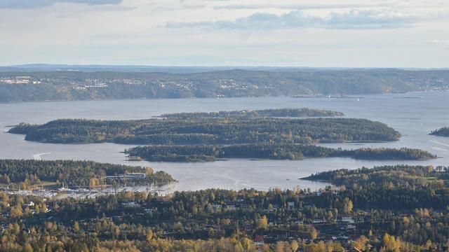 A photo of a forest covered island in the Oslofjord. The sky is hazy with some clouds in it.