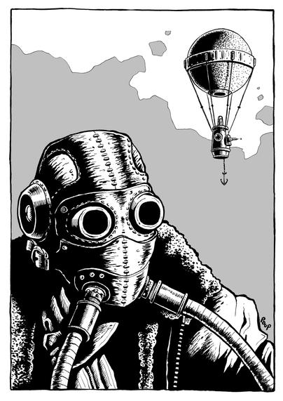 Un aéronaute, équipé d'un masque à oxygène, attend le départ avant de prendre place dans la cabine pressurisée d'un ballon stratosphérique.