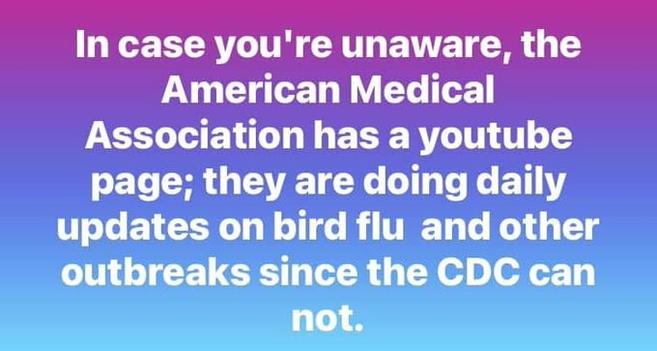 American Medical Association has a youtube page; they are doing daily

updates on bird flu and other outbreaks since the CDC can not