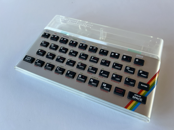 Replica Sinclair ZX Spectrum case, rubber keyboard and face plate, in silver (clear case)