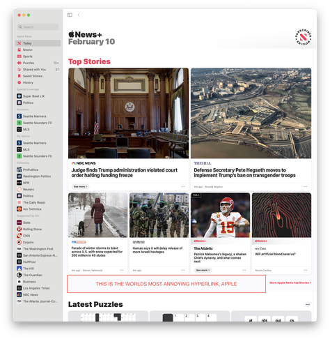 A screenshot of the mac Apple News app, with a red square over an empty background colored region and the text “THIS IS THE WORLDS MOST ANNOYING HYPERLINK, APPLE” in it. there is text to the right of the rect labelling the mentioned link, but it extends the entire width of the page, unexpectedly.