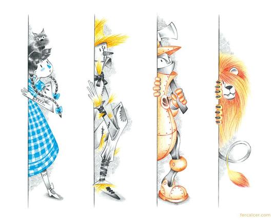 Personajes de El Mago de Oz asomando tras una página: Dorothy, el Espantapájaros, el Hombre de Hojalata y el León Cobarde.
//
Characters from The Wonderful Wizard of Oz behind a book page: Dorothy, the Scarecrow, the Tin Man and the Cowardly Lion.