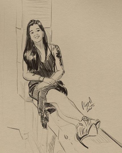 Sketch of woman sitting on sandstone balcony, legs crossed outstretched, hands folded in lap, smiling