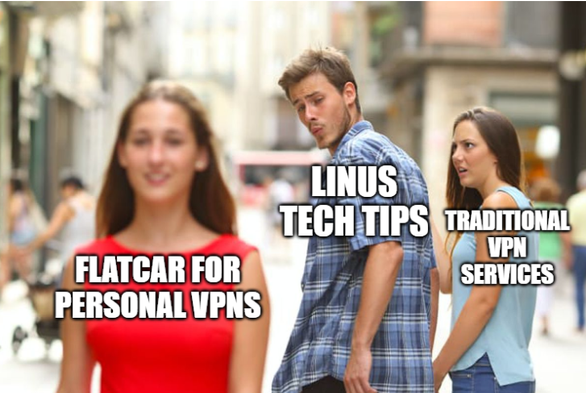 A meme featuring the 'Distracted Boyfriend' stock photo. The image shows a man labeled 'Tech Enthusiast' turning away from his girlfriend, labeled 'Complex VPN Configurations,' to look at another woman passing by, labeled 'Flatcar's Simple and Secure VPN Setup.' The caption reads: 'POV: When you realize deploying your own VPN can be simple and secure with Flatcar.
