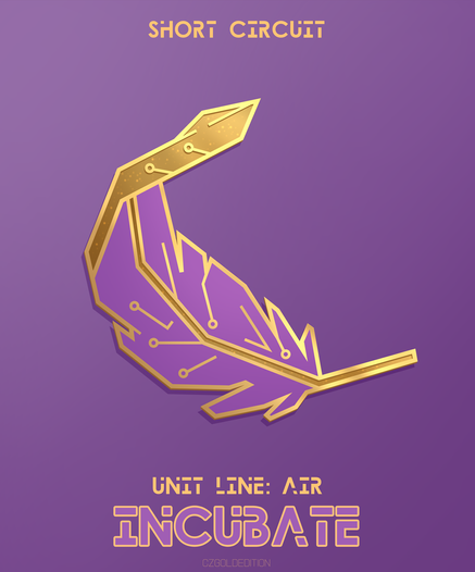 Design for an enamel pin made to look like a purple printed circuit board (PCB) in the shape of a feather. Text on the image says: "Short Circuit", "Unit Line: Air", and "Incubate".