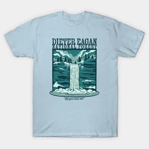 T-shirt with a drawing of a waterfall, reading "Dieter Eagan National Forest, Let your innie out!"