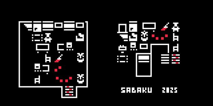a screenshot of a super tiny pixel game scene, showing an office room with pcs and plants and a tiny guy, who looks at a bloody knife on the floor - bloody footprints lead down stairs...!
On the right side is an overview of all the tilesets that were used in the scene
