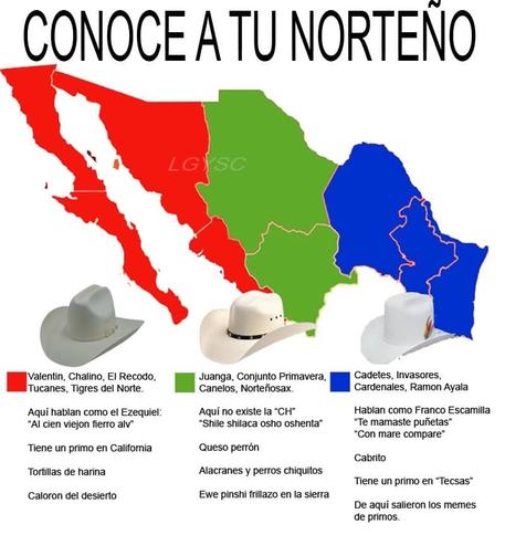 The image features a colorful map of Northern Mexico, divided into regions, each labeled with different cultural references related to northern Mexican music and dialects. It includes white cowboy hats representing various musical groups and regional phrases or sayings associated with specific areas.
