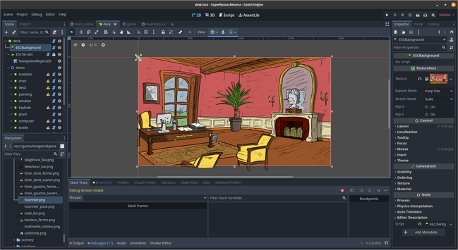 Une capture d'écran de l'éditeur Godot Engine montrant la première pièce du jeu Superflu Riteurnz en construction.