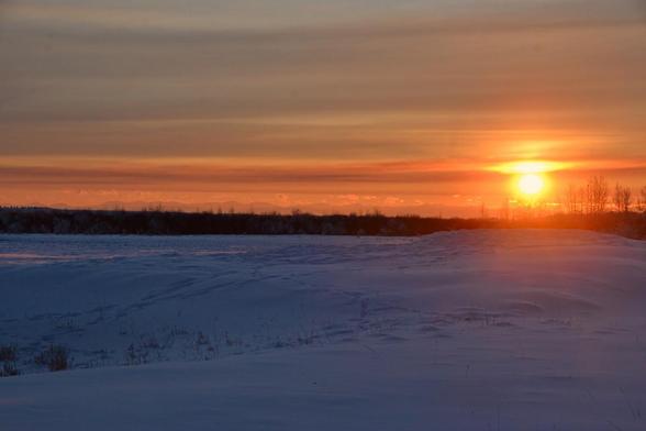 3- almost the same view as photo 1 in first post (they are numbered in the alt, whether or not they appear in the same order in your display) but a little wider view, so the mound and trees behind it are farther away, and we see some of the dip in the ground, which is the man-made cattle water hole-- just a lower area in the snow, with bits of dry grass showing through. It is sunset, the snow is all dusky shadowed blue with an orange glow where the sun hits it in high spots.The sky is lightly overcast with fine lines of clouds from one side to the other. From the top down, the cloud is pale grey then smokey grey through purply grey, pale stripes, coral to orange with muted violet stripes a bit of distant fluffy cloud catching some golden highlights over the mountains on the horizon. The mountains are hazed and blend in to the puply orange sky. To the right a white ball of sun with golden halo and white and gold bar above it hangs just above some bare trees in the middle distance.
