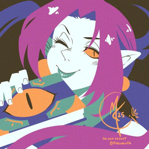 Artwork of an original character drawn in limited colours. She is winking at the viewer while holding an ornate book up to her face with a wide smile. Her open eye is demonic in nature and the book has a matching slit eye set in it. Her long hair is in a ponytail that's circling the image to make up the composition.