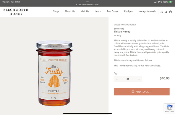 I went online after posting this toot & ordered 2 jars of Thistle Honey from Beechworth Honey. I love a nice honey. I have a soft spot for bees too.
