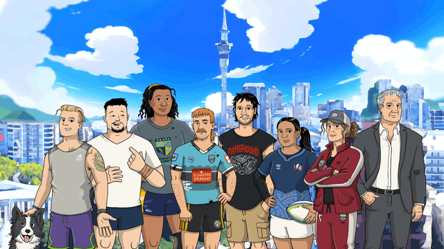 some amateur rugby players with an anime auckland behind them
