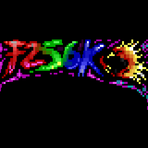 A logo reading F256K blasts across the screen, with the letters on the left in red, the ones in the middle in green and the ones on the right in blue, culminating in a yellow explosion blast -- all outlined in purple against a black backdrop