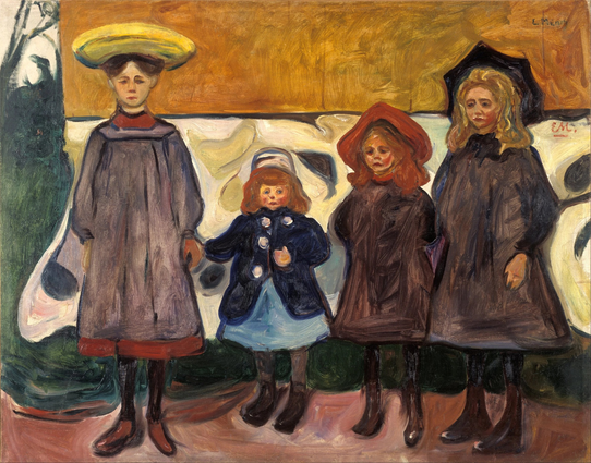 An Expressionist quadruple-portrait of four young girls standing at a wall. The tallest, to the left, wears a gray smock with red edging and a broad straw hat. She holds the hand of a much younger child, in a blue dress, dark blue coat, and white hat. Next to her, a slightly taller girl with reddish hair wears a gray dress and a red hat. Beside her stands a slightly taller blond girl in a gray dress and black hat with points.