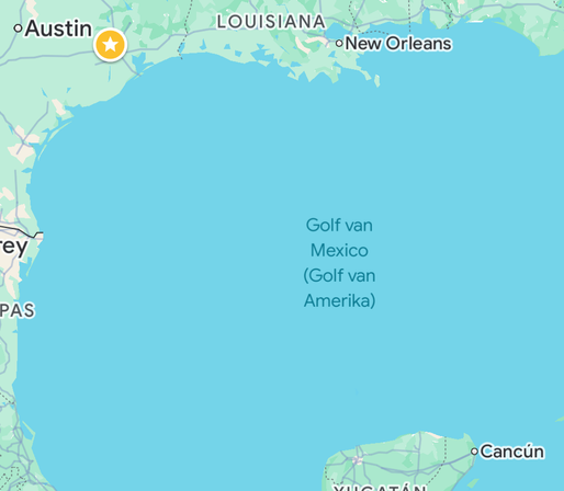 Google Maps screenshot with the label of "Golf van Mexico (Golf van Amerika)" over The Gulf of Mexico.

In the top-left is a yellow star corresponding to the location of the Hampton Inn Houston-Willowbrook Mall, where I stayed during my infamous 800 metre walk to buy a new suitcase in Houston.

Fuck Houston. I hope it sinks into the Gulf of America.